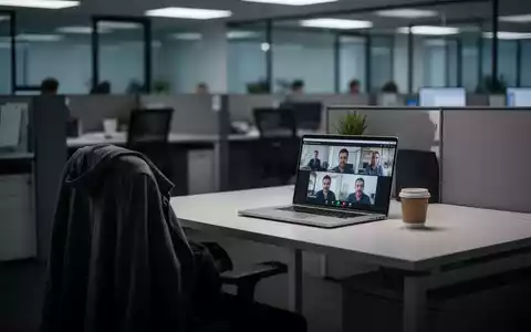 Ein leerer Büroschreibtisch mit einem Laptop, der einen Videoanruf zeigt, und einer Jacke über dem Stuhl, die Anwesenheit vortäuscht. - Foto: über boerse-global.de