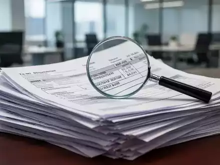 Ein Stapel Finanzdokumente mit Rechnungen und Steuerformularen, ein Vergrößerungsglas liegt darauf und hebt Text hervor. - Foto: über boerse-global.de