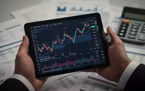 Nahaufnahme einer Hand, die ein Tablet mit Börsencharts hält, im Hintergrund unscharfe Finanzdokumente und ein Taschenrechner. - Foto: über boerse-global.de