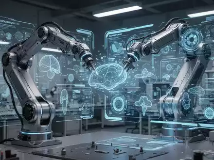 A robotic arm interacts with a holographic digital twin, showcasing advanced simulation and data in a high-tech lab. - Foto: über boerse-global.de