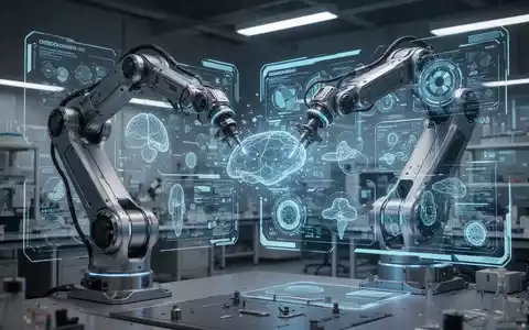 A robotic arm interacts with a holographic digital twin, showcasing advanced simulation and data in a high-tech lab. - Foto: über boerse-global.de