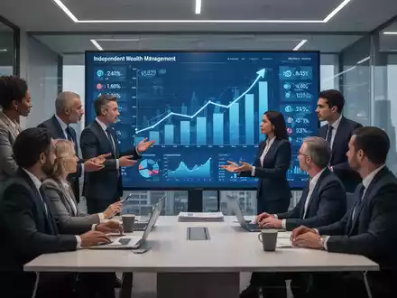 Finanzexperten in einem modernen Büro, die Finanzdaten auf einem großen Bildschirm analysieren und zusammenarbeiten. - Foto: über boerse-global.de
