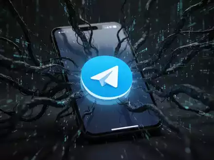 Ein Smartphone-Bildschirm mit einem leuchtenden Telegram-App-Symbol, umgeben von dunklen, digitalen Ranken, die Cyberkriminalität symbolisieren. - Foto: über boerse-global.de