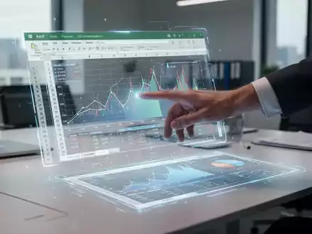 A hand interacting with a holographic Excel spreadsheet displaying financial data, charts, and graphs on a modern desk. - Foto: über boerse-global.de