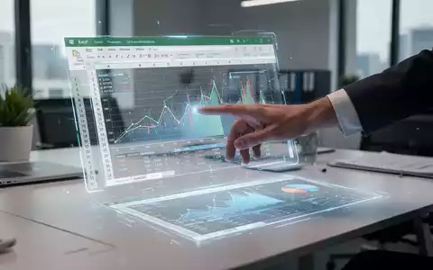 A hand interacting with a holographic Excel spreadsheet displaying financial data, charts, and graphs on a modern desk. - Foto: über boerse-global.de
