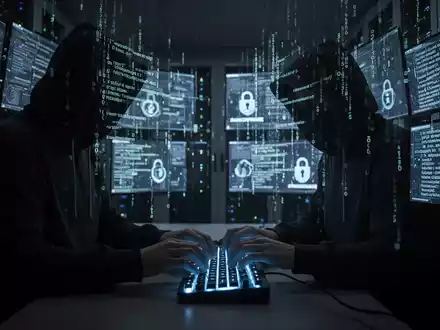Ein Hacker in einem dunklen Serverraum tippt auf einer leuchtenden Tastatur, während Code und Ransomware-Symbole auf Bildschirmen erscheinen. - Foto: über boerse-global.de