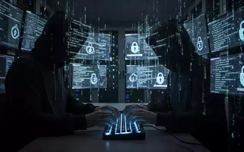 Ein Hacker in einem dunklen Serverraum tippt auf einer leuchtenden Tastatur, während Code und Ransomware-Symbole auf Bildschirmen erscheinen. - Foto: über boerse-global.de