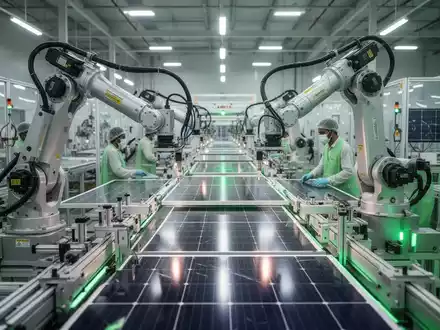 Saubere Fabrikhalle mit Robotern und Arbeitern, die Solarmodule herstellen, symbolisiert umweltfreundliche Lieferketten in Indien. - Foto: über boerse-global.de