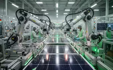 Saubere Fabrikhalle mit Robotern und Arbeitern, die Solarmodule herstellen, symbolisiert umweltfreundliche Lieferketten in Indien. - Foto: über boerse-global.de