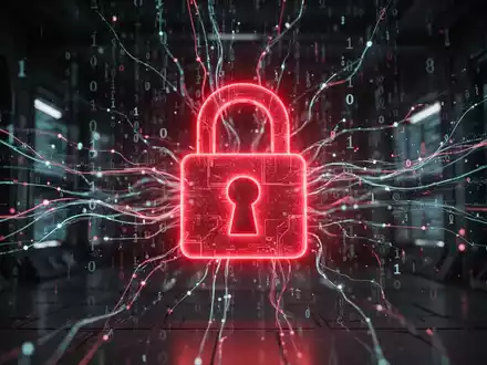 A glowing red lock icon superimposed over a futuristic network of data streams and binary code, symbolizing a critical security vulnerability. - Foto: über boerse-global.de