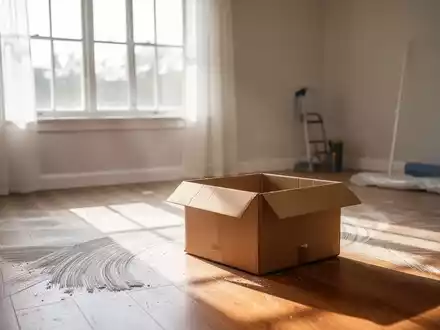 Ein aufgeräumtes Zimmer nach einer professionellen Entrümpelung, mit sauberem Boden und einem leeren Karton. Sonnenlicht strömt herein. - Foto: über boerse-global.de