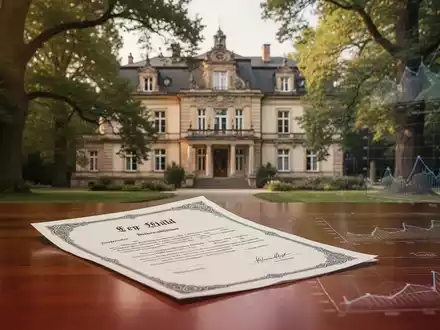 Eine klassische deutsche Villa, teilweise von Bäumen verdeckt, mit einem stilisierten Dokument auf einem Holztisch im Vordergrund. - Foto: über boerse-global.de