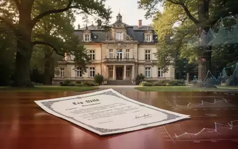 Eine klassische deutsche Villa, teilweise von Bäumen verdeckt, mit einem stilisierten Dokument auf einem Holztisch im Vordergrund. - Foto: über boerse-global.de