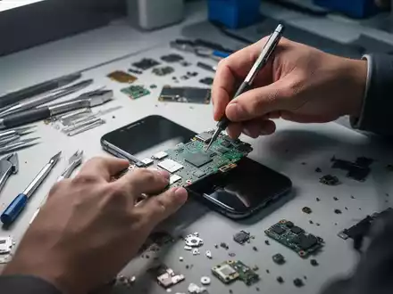 Hände reparieren eine Smartphone-Platine, umgeben von Werkzeugen und Ersatzteilen, symbolisierend das Recht auf Reparatur und Nachhaltigkeit. - Foto: über boerse-global.de