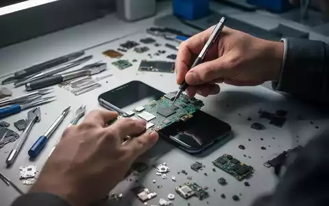 Hände reparieren eine Smartphone-Platine, umgeben von Werkzeugen und Ersatzteilen, symbolisierend das Recht auf Reparatur und Nachhaltigkeit. - Foto: über boerse-global.de