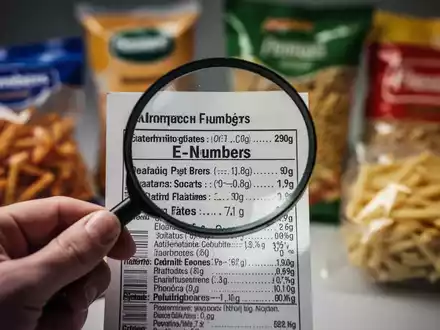 Eine Hand hält eine Lupe über eine Lebensmittelkennzeichnung mit E-Nummern, im Hintergrund unscharf verarbeitete Lebensmittel. - Foto: über boerse-global.de