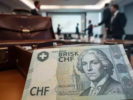 Nahaufnahme einer Schweizer Franken Banknote, im Hintergrund leicht unscharf ein Koffer oder Konferenzraum. Fokus auf Währung und Finanzen. - Foto: über boerse-global.de