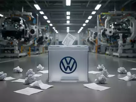 Eine stilisierte Wahlurne mit 'VW'-Logo auf einem Fabrikboden, umgeben von zerknüllten Stimmzetteln, symbolisiert Machtverschiebung bei VW. - Foto: über boerse-global.de