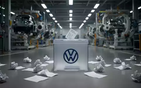 Eine stilisierte Wahlurne mit 'VW'-Logo auf einem Fabrikboden, umgeben von zerknüllten Stimmzetteln, symbolisiert Machtverschiebung bei VW. - Foto: über boerse-global.de