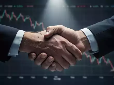 Eine symbolische Darstellung wirtschaftlicher Unsicherheit und Arbeitsbeziehungen: Eine Hand im Vordergrund schüttelt eine andere Hand vor einem unscharfen Finanzchart mit Abwärtstrend. - Foto: über boerse-global.de