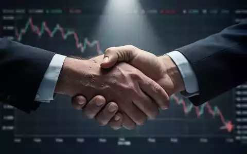 Eine symbolische Darstellung wirtschaftlicher Unsicherheit und Arbeitsbeziehungen: Eine Hand im Vordergrund schüttelt eine andere Hand vor einem unscharfen Finanzchart mit Abwärtstrend. - Foto: über boerse-global.de