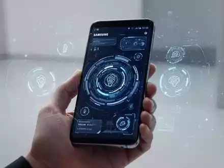 Ein schlankes Samsung-Smartphone mit einer futuristischen Benutzeroberfläche, umgeben von digitalen Elementen, gehalten von einer Hand. - Foto: über boerse-global.de