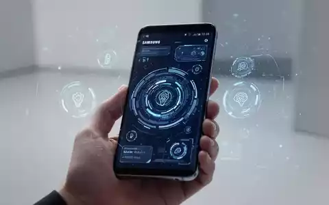 Ein schlankes Samsung-Smartphone mit einer futuristischen Benutzeroberfläche, umgeben von digitalen Elementen, gehalten von einer Hand. - Foto: über boerse-global.de