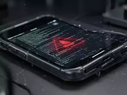 Ein älteres Apple iPhone mit einem glitzernden Bildschirm, der roten Warncode anzeigt, in einer dunklen Laborumgebung. - Foto: über boerse-global.de