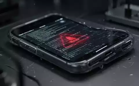 Ein älteres Apple iPhone mit einem glitzernden Bildschirm, der roten Warncode anzeigt, in einer dunklen Laborumgebung. - Foto: über boerse-global.de
