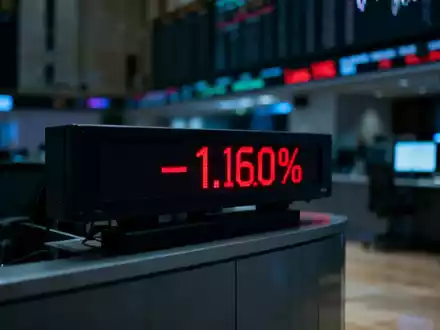Ein Börsenticker zeigt einen großen prozentualen Verlust in Rot auf einem ansonsten leeren und dunklen Handelsboden an. - Foto: über boerse-global.de
