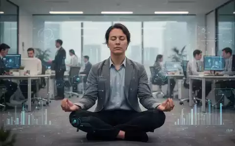 Eine Person meditiert ruhig in einem modernen Büroumfeld, umgeben von verschwommenen arbeitenden Kollegen, symbolisierend Stressmanagement. - Foto: über boerse-global.de