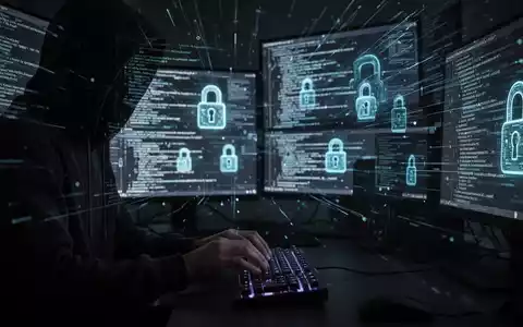 A shadowy figure in a hoodie typing on a keyboard, illuminated by computer screens displaying code and digital lock icons. - Foto: über boerse-global.de
