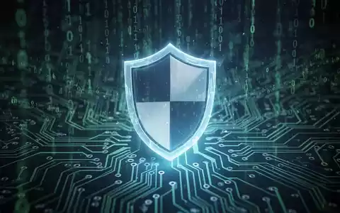 Ein stilisiertes, leuchtendes Schildsymbol auf einem Schaltplattendesign mit fließendem Binärcode im Hintergrund, das digitale Sicherheit symbolisiert. - Foto: über boerse-global.de