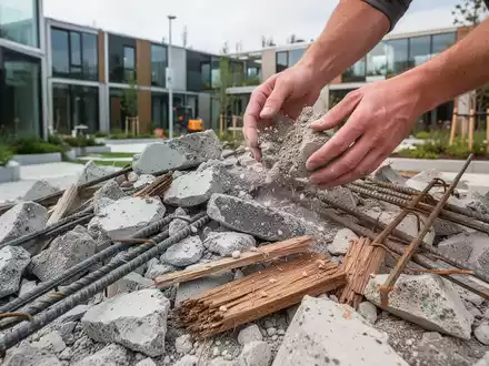 Hände sortieren Bauschutt, der recycelte Materialien wie Beton, Holz und Metall zeigt, auf einer modernen Baustelle. - Foto: über boerse-global.de