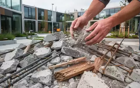 Hände sortieren Bauschutt, der recycelte Materialien wie Beton, Holz und Metall zeigt, auf einer modernen Baustelle. - Foto: über boerse-global.de