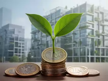Ein grünes Blatt wächst aus einem Stapel Euro-Münzen, im Hintergrund ein abstraktes, nachhaltiges Gebäude. Symbolisiert grünes Banking. - Foto: über boerse-global.de