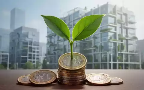 Ein grünes Blatt wächst aus einem Stapel Euro-Münzen, im Hintergrund ein abstraktes, nachhaltiges Gebäude. Symbolisiert grünes Banking. - Foto: über boerse-global.de