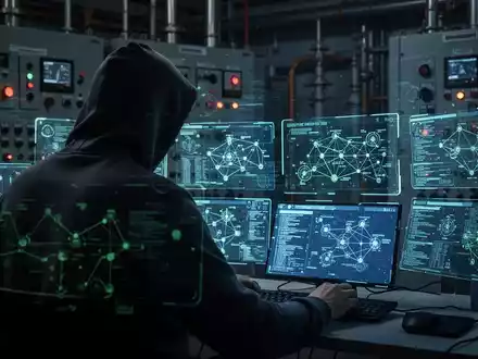 A shadowy figure in a hoodie works on holographic screens, displaying network diagrams, symbolizing cybersecurity for critical infrastructure. - Foto: über boerse-global.de