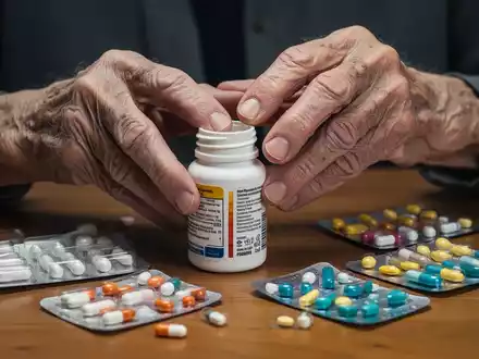 Nahaufnahme der Hände einer älteren Person, die Schwierigkeiten hat, eine Medikamentenflasche zu öffnen, umgeben von Pillenschachteln. - Foto: über boerse-global.de