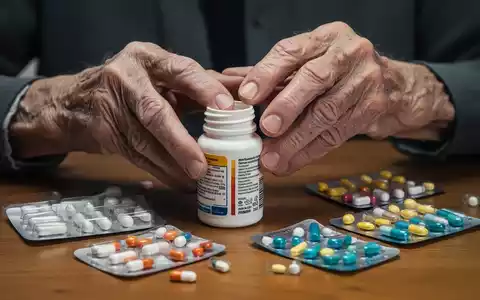 Nahaufnahme der Hände einer älteren Person, die Schwierigkeiten hat, eine Medikamentenflasche zu öffnen, umgeben von Pillenschachteln. - Foto: über boerse-global.de