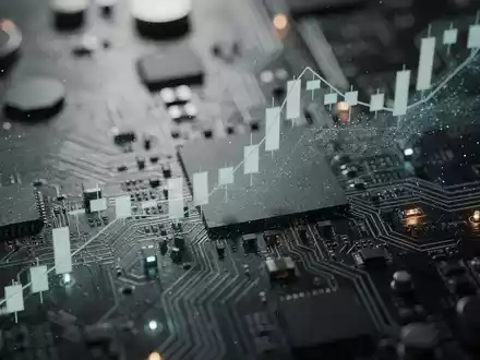 Eine abstrakte Darstellung von Datenfluss und fallendem Aktienkurs über einer Leiterplatte, die technologische Unsicherheit symbolisiert. - Foto: über boerse-global.de