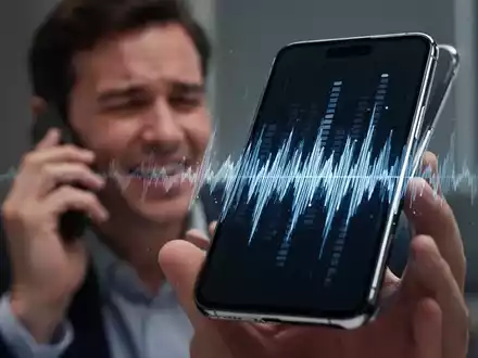 A modern smartphone displaying a distorted sound wave on its screen, symbolizing voice fluctuation issues during calls. - Foto: über boerse-global.de