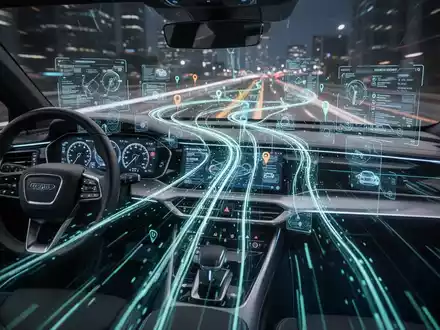 A futuristic car dashboard displaying a holographic map and digital interfaces, symbolizing advanced self-driving software. - Foto: über boerse-global.de