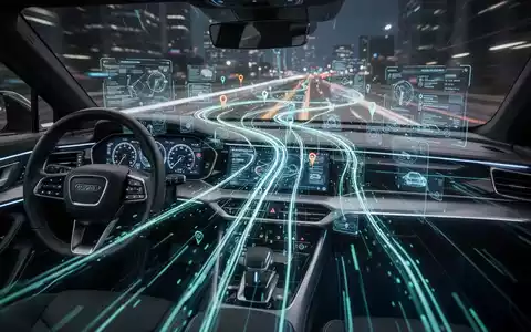 A futuristic car dashboard displaying a holographic map and digital interfaces, symbolizing advanced self-driving software. - Foto: über boerse-global.de