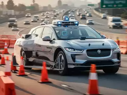 A Waymo self-driving car, a white Jaguar I-Pace, in a freeway construction zone with orange cones and barriers. - Foto: über boerse-global.de