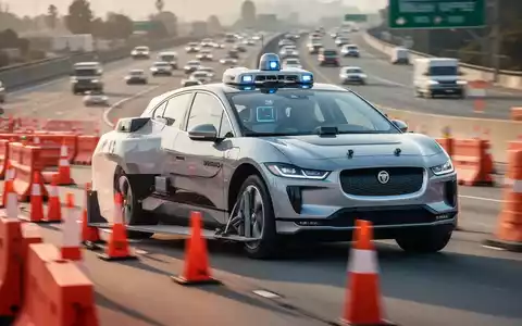 A Waymo self-driving car, a white Jaguar I-Pace, in a freeway construction zone with orange cones and barriers. - Foto: über boerse-global.de