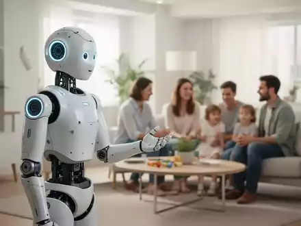 A humanoid robot in a modern living room, interacting with a family, symbolizing consumer market entry. - Foto: über boerse-global.de