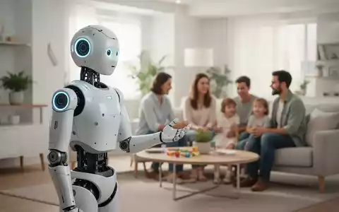 A humanoid robot in a modern living room, interacting with a family, symbolizing consumer market entry. - Foto: über boerse-global.de