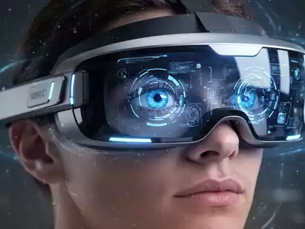 A close-up of a futuristic mixed reality headset with a glowing blue interface reflected in a user's eye. - Foto: über boerse-global.de