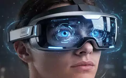 A close-up of a futuristic mixed reality headset with a glowing blue interface reflected in a user's eye. - Foto: über boerse-global.de